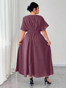 Elenzga Plus Size V-Neck Solid Color Short Sleeve Casual Dress, Simple & Fashionable For Everyday Wear,Valentine - Mauve Purple - View 2