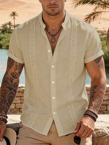 Manfinity RSRT Men's Casual Solid Color Single-Breasted Short Sleeve Shirt, Summer, Holiday - Khaki - View 6