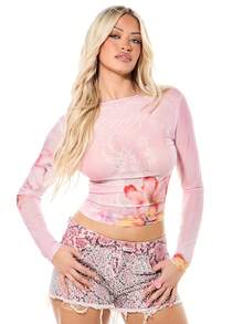SUMWON WOMEN Floral Print Mesh Long Sleeve Top With See Through Panels And Crew Neckline For Spring Summer Casual Wear - Pink - View 1