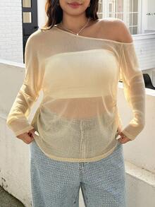 SHEIN EZwear 大尺碼女款純色不對稱領口透視上衣 - 杏色 - 查看 4