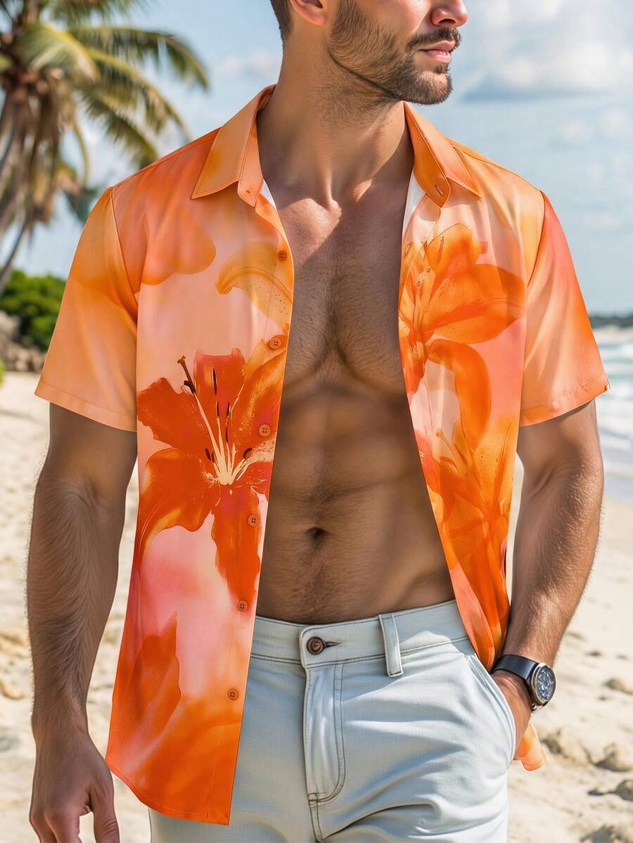 EASEVO Plus Size Men's Summer Vacation Beach Floral Print Front Button Short Sleeve Shirt - Orange - View 1