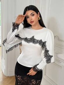 Modelyn Áo kiểu nữ thanh lịch cổ tròn tay dài phối ren tương phản - trắng - Xem 1