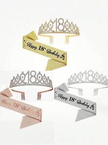 2 Peças Conjunto de Faixa de 18 Anos e Tiara de Coroa de Strass - Fita de Aniversário Feliz Dourada Brilhante com Broche de Rainha, Tiara Brilhante para Mulheres e Meninas, Decorações de Festa de Aniversário de Marco, Acessório de Foto Sweet 18, Presente de Aniversário para Ela, Suprimentos para Despedida de Solteira e Ano Novo - Multicolor - Visão 2