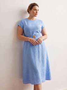 MOTF PREMIUM PLUS SIZE WOMEN'S LINEN MINIMALIST COMFORTABLE WAIST BELTED FLARED DRESS, SPRING/SUMMER - Blue - View 5