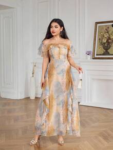 Modelyn Women's Summer All-Over Print Ruffle Off-Shoulder Dress Tea Party Golf Pastal Sexy - Apricot - View 3