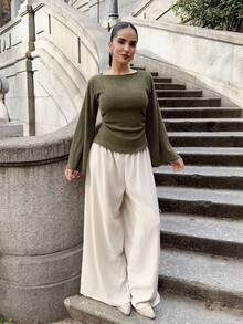 Marta Soriano Standard Size Women Loose Fit Floral Print Knit Top With Wide Neckline, Dropped Shoulders, Flared Sleeves, Waist Ruching, Autumn/Winter - Army Green - View 1