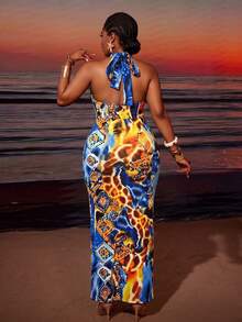 Maweii Vestido de playa con cuello de halter y espalda descubierta para tallas grandes - Multicolor - Ver 2