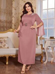 Reflora Plus Size Elegant Party Beaded Embroidered Applique Dress - Pink - View 5