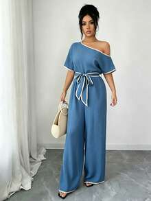 Rafferiza Casual Vacation Asymmetrical Shoulder Textured Soft Elastic Waist Comfortable Slimming Wide Leg Pants, Khaki, Spring/Summer - Blue - View 4