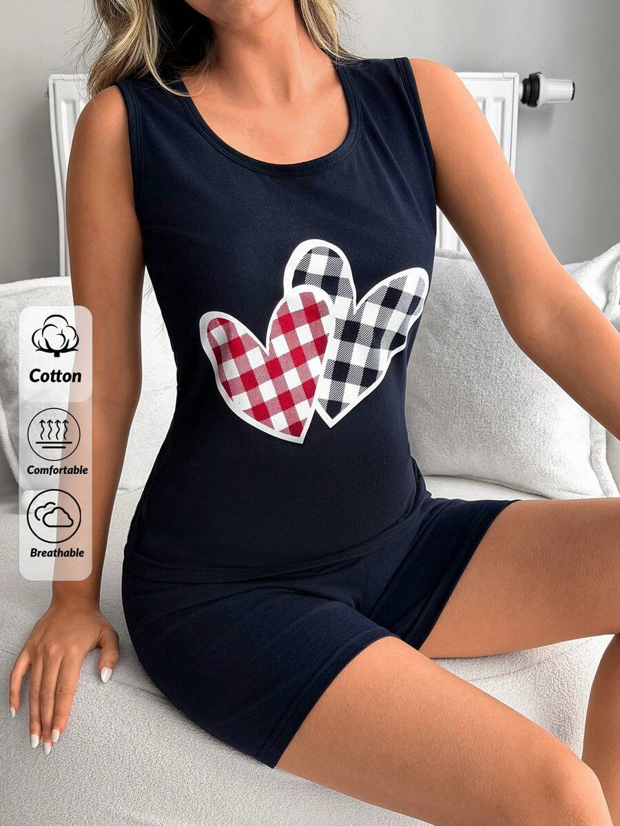 SHEIN 100%纯棉女士两件套睡衣套装,包括无袖心形格纹睡衣上衣和松紧腰宽松舒适纯色睡裤。 - 藏蓝色 - 查看 1