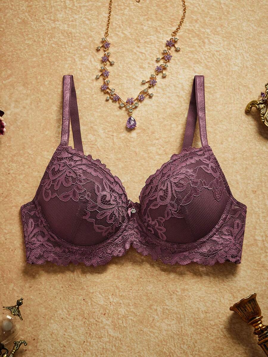 Ropa Interior De Encaje Floral Con Aros - Morado - Ver 1