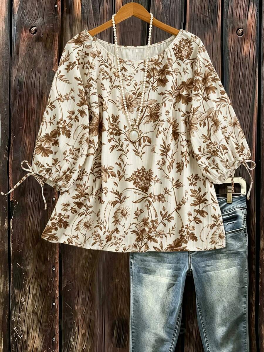 SHEIN LUNE CURVE Áo kiểu nữ cỡ lớn tay ngắn in họa tiết hoa lan, thắt nơ. - Cà phê nâu - Xem 1