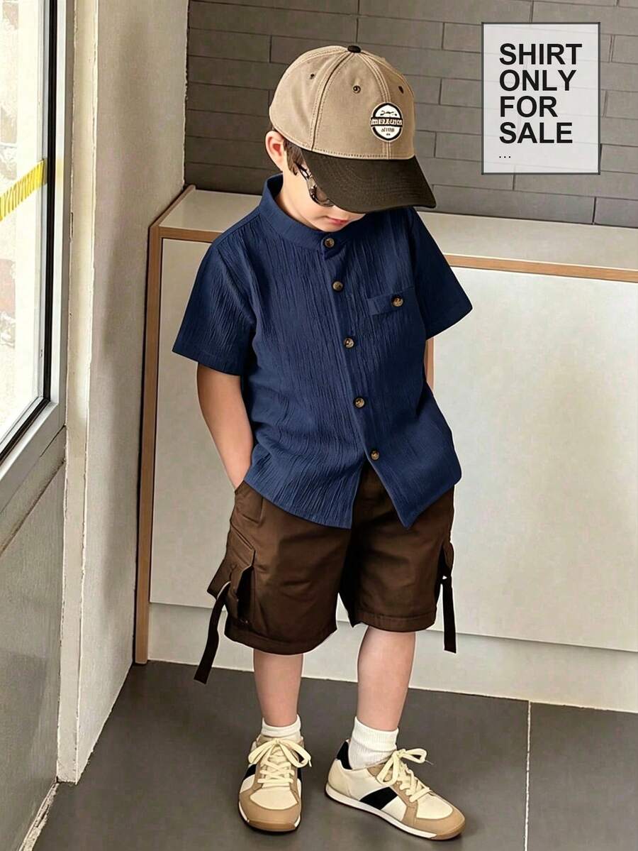SHEIN Streecool Kids 男童纯色单排扣宽松休闲衬衫,短袖夏季休闲时尚韩版蓝色衬衫 - 藏蓝色 - 查看 1