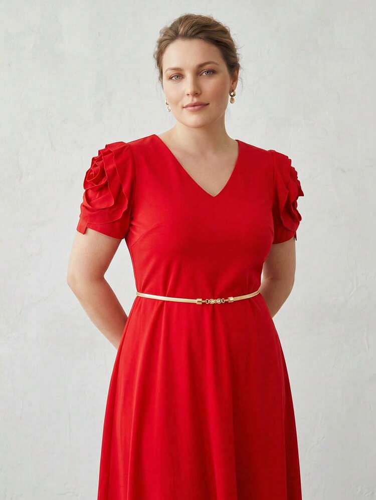 PLUS SIZE WOMEN'S SPRING/SUMMER 3D FLORAL SHORT SLEEVE ELASTIC WAIST DRESS, BELT NOT INCLUDED