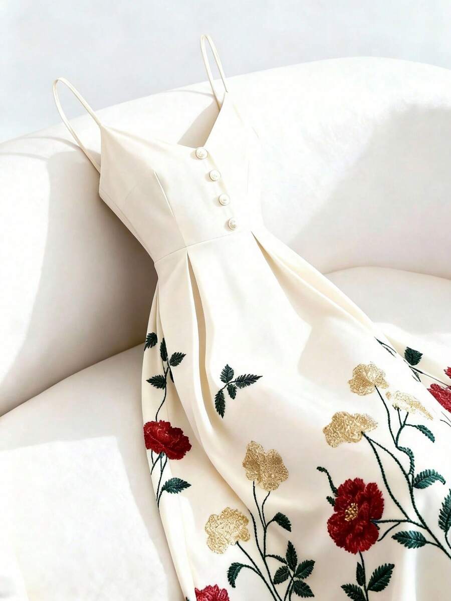 GlowEve Đầm maxi dáng chữ A cổ chữ V, áo hai dây, eo thon, thích hợp mặc hàng ngày, đi nghỉ mát, họa tiết hoa, màu mơ tươi mát, cúc ngọc trai, mẫu mới mùa hè, đầm dài ngang gối cho nữ đi nghỉ mát. - Nhiều màu - Xem 1