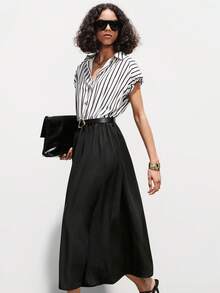 SHEIN Luminelle Women's Sleeveless Striped Patchwork Belted A-Line Long Shirt Dress, V-Neck - Black - View 4