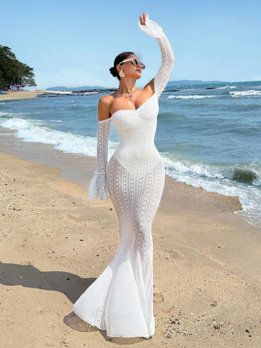 SHEIN SXY Đầm ren trắng trễ vai tay bèo nhún cho kỳ nghỉ - trắng - Xem 1