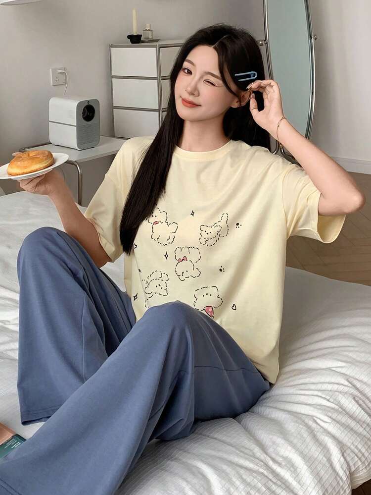 Women's Cartoon Print Top And Solid Color Pants Pajama Set
