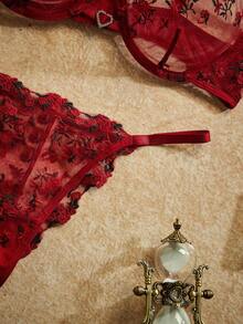 PinupPomp 2pcs/Set Women's Heart Stone Decor Embroidered Sexy Lingerie Set - Burgundy - View 5