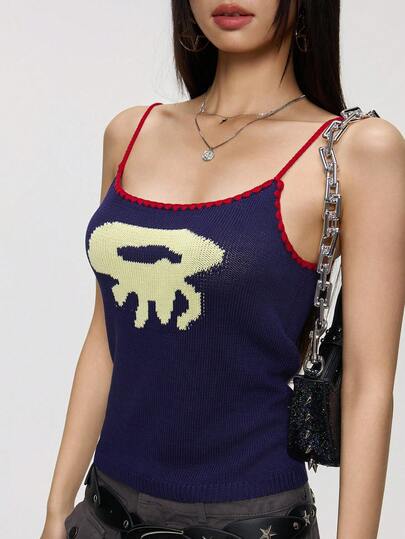 Rina Fox Koreanischer Stil gestricktes Träger-Top für Frauen, ärmelos, leicht, gemustertes Design, schmale Passform, geeignet für den Sommer