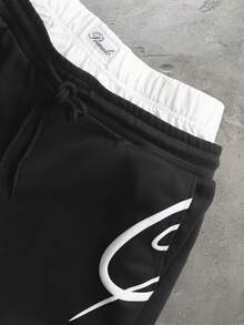 PAVTROS Pantalones de chándal con estampado de letras y cintura con contraste para hombres - Negro - Ver 5