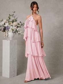 L'Amorae Elegant Romantic Wedding Guest Solid Halter Tiered Chiffon Maxi Dress - Pink - View 4