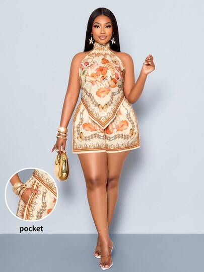 SOLERSUN 2026 Summer Plus Size 2 Piece Outfits For Women, Boho Animal Print Halter Top & Shorts Set, Vacation Casual Co Ord,Boho Print Halter Top Shorts Set, Summer Vacation Beach Wear
