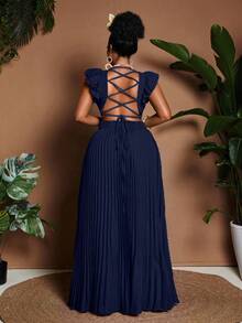 Maweii Plus Size V-Neck Cap Sleeve Ruched Backless Elegant Dress - Navy Blue - View 2