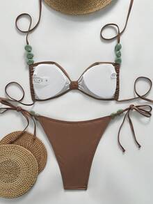Swim Chiccia Bộ bikini 2 mảnh bán chạy nhất năm 2026 dành cho nữ, đồ bơi gợi cảm cho tiệc bãi biển, phong cách lãng mạn cổ điển mùa xuân/hè, thiết kế xoắn phía trước, đính đá, dây mảnh, ôm eo và nâng ngực, vải nylon màu nâu, bộ bikini phong cách Bohemian cho câu lạc bộ bãi biển dành cho nữ, thích hợp cho kỳ nghỉ, du lịch, tắm nắng trên biển, đồ bơi nâng ngực cho nữ. - màu nâu - Xem 2