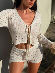 Swim SXY Áo khoác kimono nữ, phong cách nghỉ dưỡng tối giản, áo len dệt kim cổ chữ V màu mơ, thắt nơ phía trước. - Màu be - Xem 4