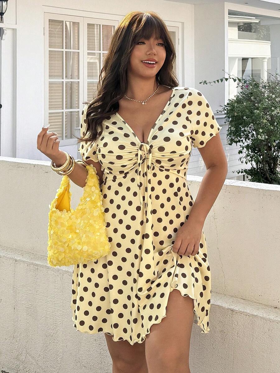 SHEIN EZwear 大码女式波点褶皱迷你连衣裙 - 彩色 - 查看 1