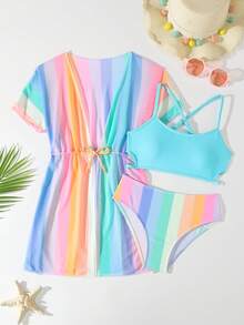 少女条纹吊带泳衣套装，带抽绳腰带和和服罩衫 - 藍色 - 查看 1