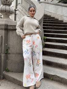 Marta Soriano Damen Elastische Taille Zugband Blume Muster Weite Bein Sommerhose, Damen Hosen, Urlaubsoutfit Frau, Westliche Kleidung Frauen, Strandoutfit für Frauen, Urlaub, Strand, Boho, Weiße Hosen, Weite Bein Hosen, Business Casual Frau, Frühling/Sommer Hosen, Blumenhosen für Frauen - Verschiedenfarbig - Übersicht 3