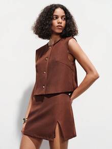 Lumivelle Conjunto de top sin mangas de cuello redondo holgado con botones metálicos y pantalones/falda de cintura media para mujer, adecuado para mujeres, con estilo urbano moderno, para uso diario, elegante atuendo casual de negocios para fiestas - Marrón - Ver 3