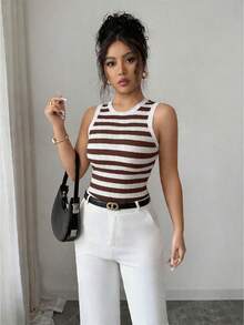 Elenzga Top de tirantes ajustado y acanalado elegante para mujer, en negro y blanco acanalado, adecuado para uso diario en primavera/verano - Marrón - Ver 3