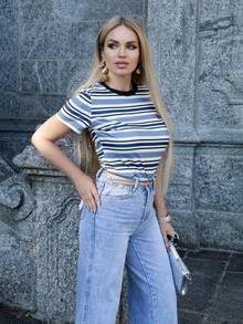 Elenary Edit Women's Casual Striped Short Sleeve Round Neck T-Shirt, Autumn Summer - Blue and White - View 6