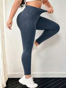 EMERY ROSE CURVE Plus Size Women's Wide Waistband Yoga Fitness Leggings - Dusty Blue - View 5