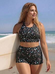 Swim SPRTY Set de 2 piezas de tankini con control de barriga, estampado aleatorio y top de tirantes para mujer talla grande - Negro - Ver 7