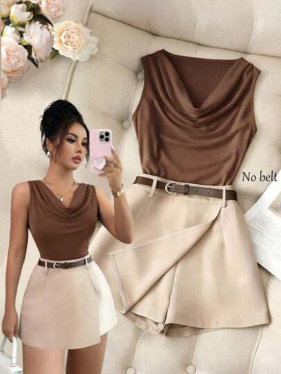 Franclia 1 conjunto de top sin mangas de cuello en V ajustado de color marrón con falda pantalón de oficina de color albaricoque para mujer