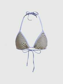 ROMWE Avant Traje de baño de estilo patchwork con estampado de rayas amarillas y sexy para verano, adecuado para la playa, fiestas de cumpleaños y atuendos de playa. Conjunto de bikini elegante y casual de 2 piezas con estilo bohemio para vacaciones - Amarillo - Ver 8