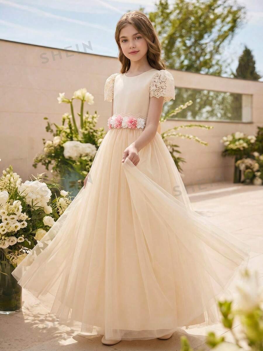 优雅花童蕾丝边腰部花卉网纱长裙,时尚简约甜美派对礼服,适合少女,四季皆宜,婚礼场合。 - 杏色 - 查看 1