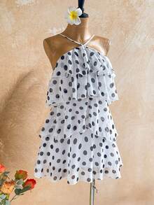 Soleia Elegant White With Black Polka Dots Summer Holiday Vacation Holiday Ruffle Chiffon Mini Dress,Backless Multi-Layer Wedding Guest Boho Dress - Multicolor - View 4