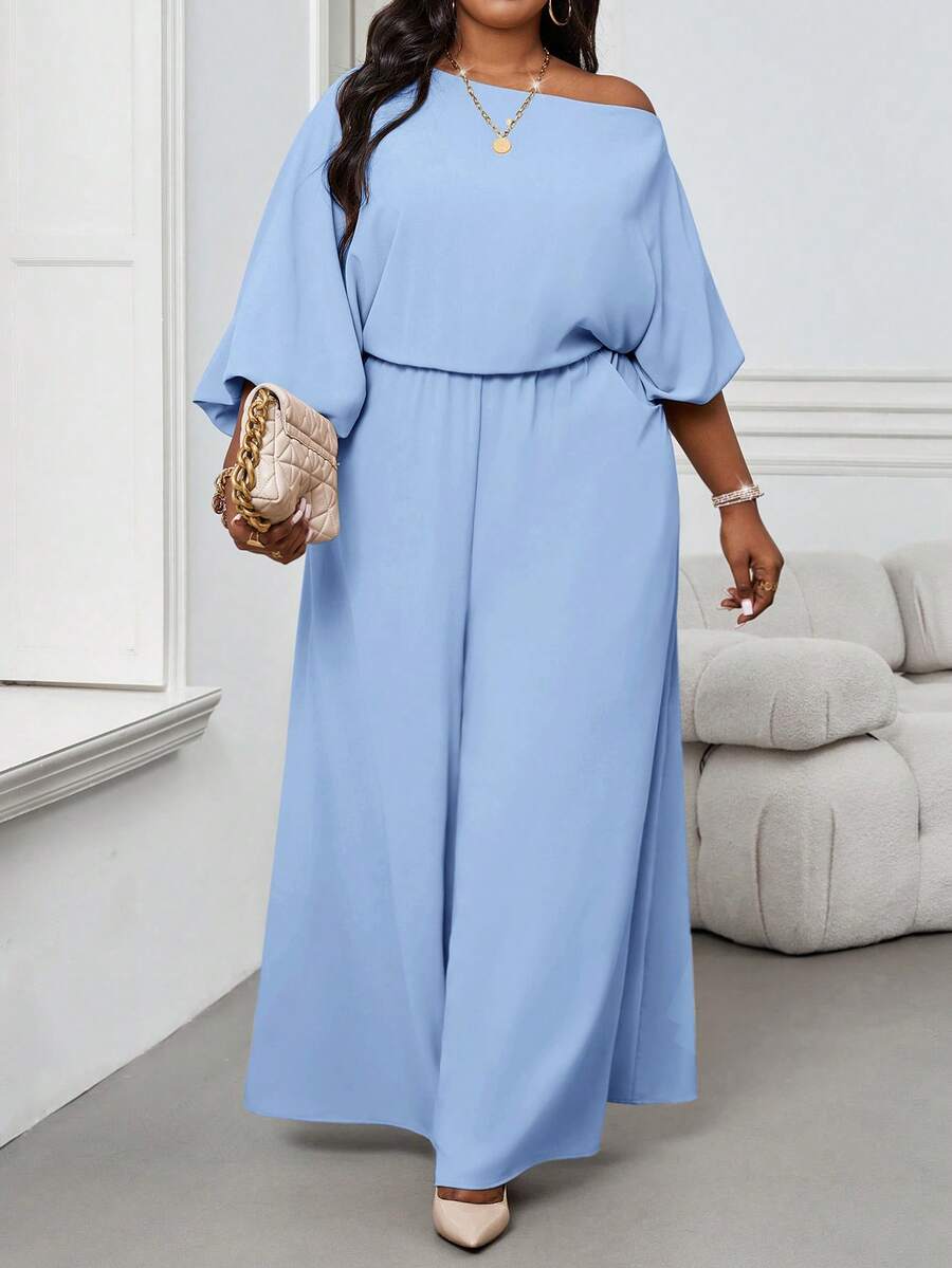 SHEIN Lady Mùa thu và mùa đông thanh lịch cổ điển công sở giản dị rượu sâm panh dệt trễ vai váy dạ hội tay giám mục hở lưng sản phẩm mới cỡ lớn bộ đồ liền quần - Màu xanh lam - Xem 1