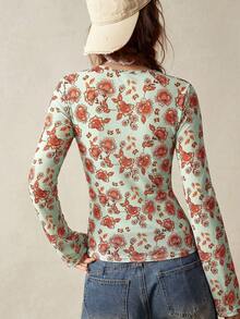 Bohemela Women's Floral Print Casual Versatile Long Sleeve Top For Daily Wear - Mint Blue - View 3