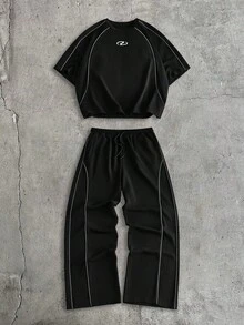 AXEPEAK Men's Contrast Trim Round Neck Short Sleeve T-Shirt And Drawstring Waist Casual Pants Set - Black - View 3