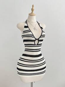 Women's Sleeveless Ombre Perforated Knit Halter Neck Sweater Dress, Spring/Summer - Multicolor - View 1