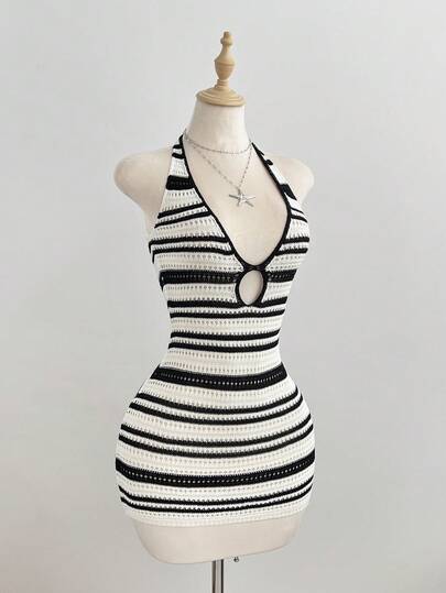 Elamini Women's Sleeveless Ombre Perforated Knit Halter Neck Sweater Dress, Spring/Summer
