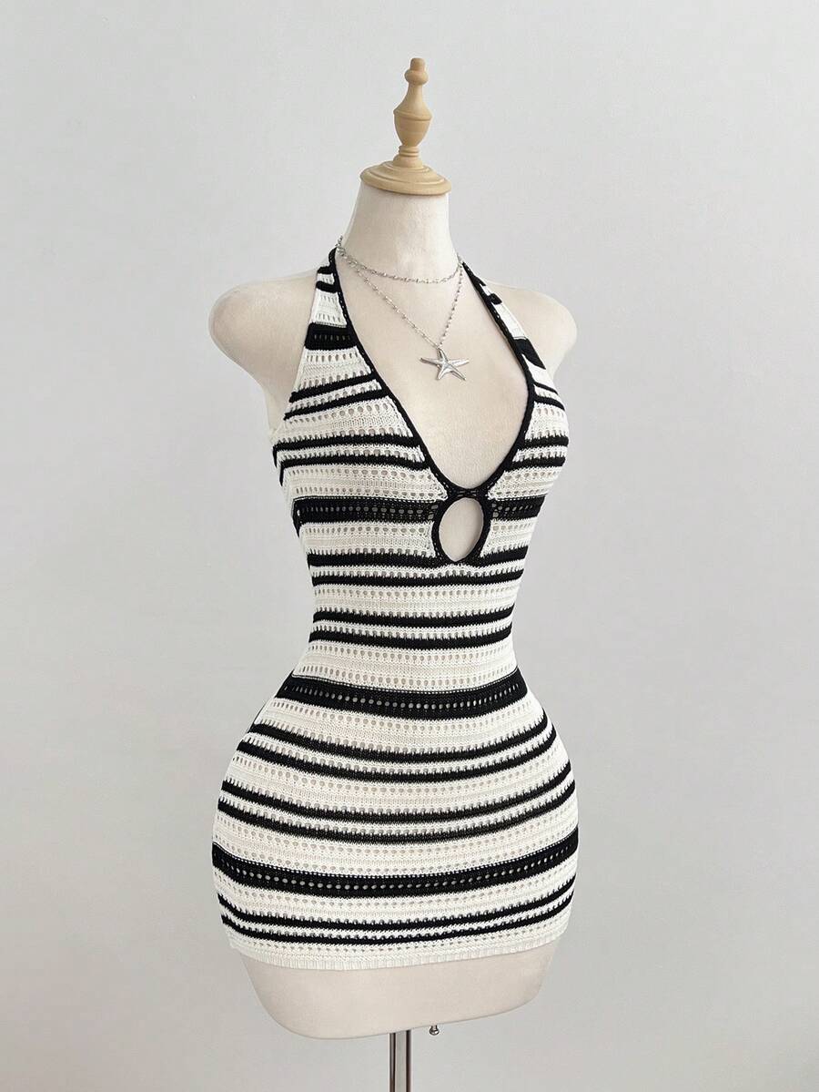 Women's Sleeveless Ombre Perforated Knit Halter Neck Sweater Dress, Spring/Summer - Multicolor - View 1