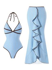 Bonvoyette Striped Print Contrast Color Spaghetti Strap One-Piece Swimsuit With Striped Maxi Skirt 2 Pieces Set - Blue - View 2