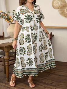 Lacomfia Vestido casual de verano de manga corta con estampado de colocación y ajuste holgado para mujer de talla grande - Multicolor - Ver 5